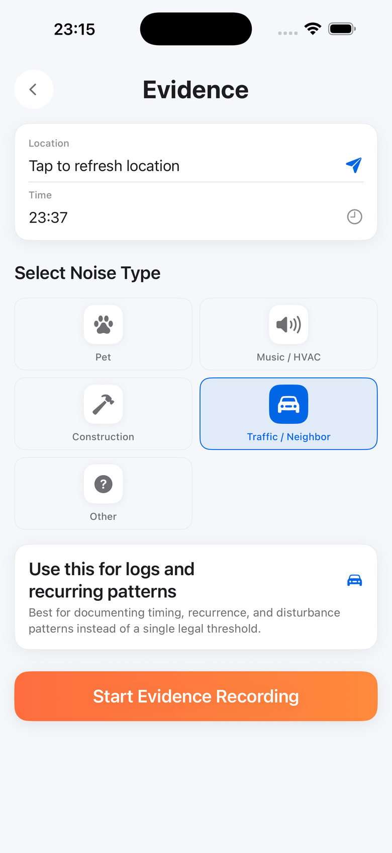 SilentProof iOS event log and note annotation area