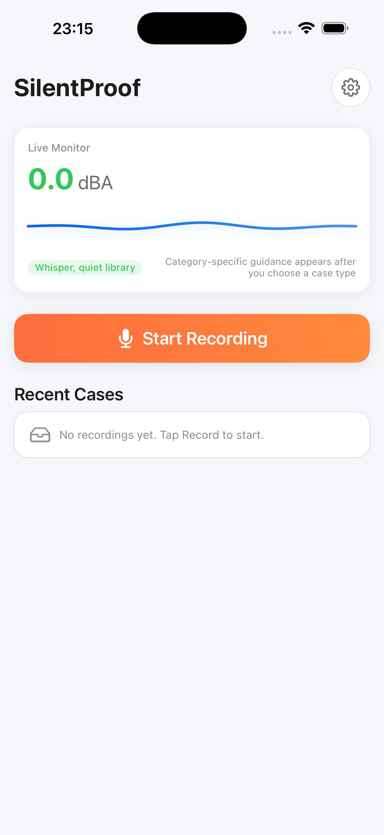 SilentProof incident recording screen with reference sound levels
