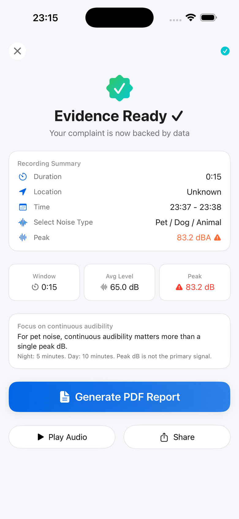 SilentProof iOS export action area with Generate PDF control