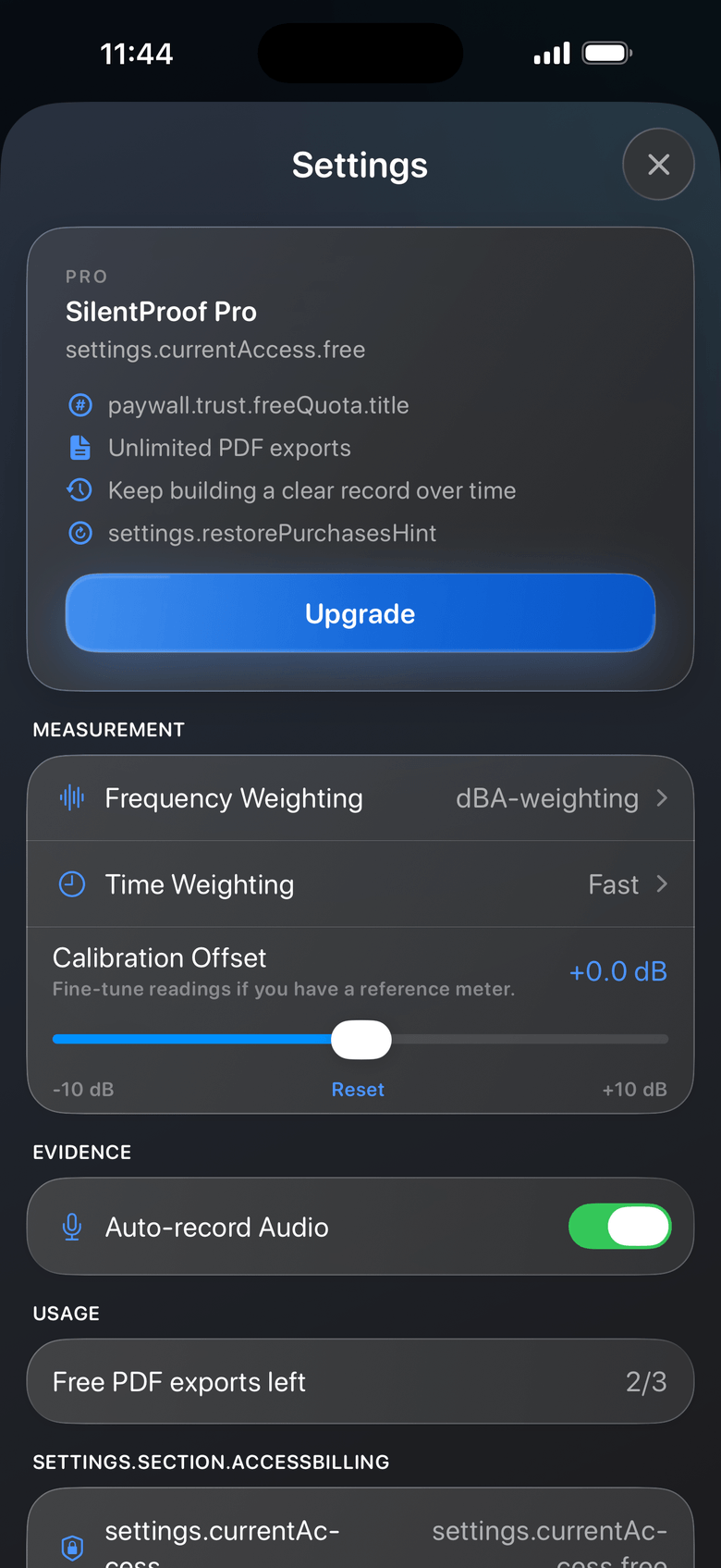 SilentProof measurement settings screen