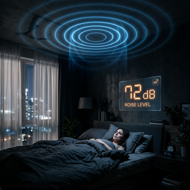 A frustrated tenant lying awake at night while upstairs neighbor makes noise, with a 72 dB reading overlay