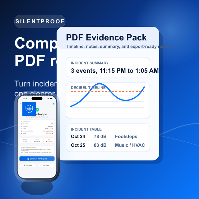 Branded PDF evidence packet illustration showing a complaint-ready report with decibel timeline and incident summary