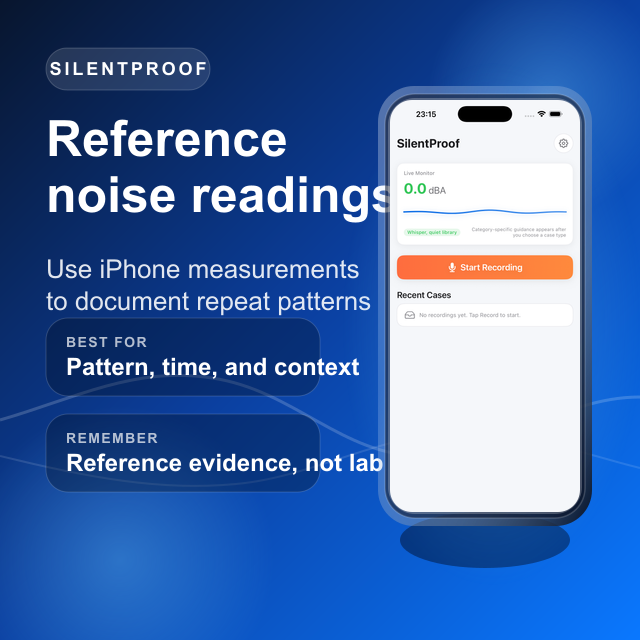 Branded SilentProof phone mockup showing reference decibel readings for noise documentation