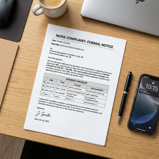 A formal landlord noise complaint letter on a desk with a pen and smartphone showing noise data