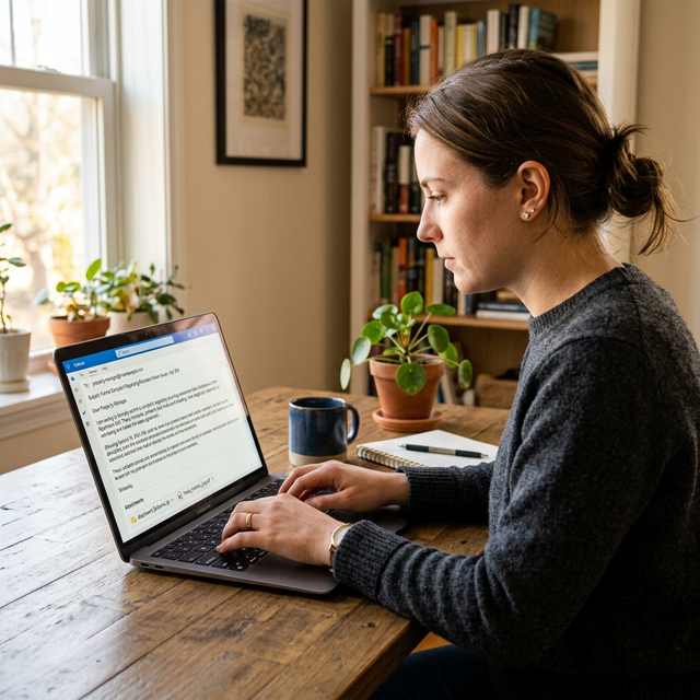 A person typing a formal noise complaint email to a property manager with attached incident details
