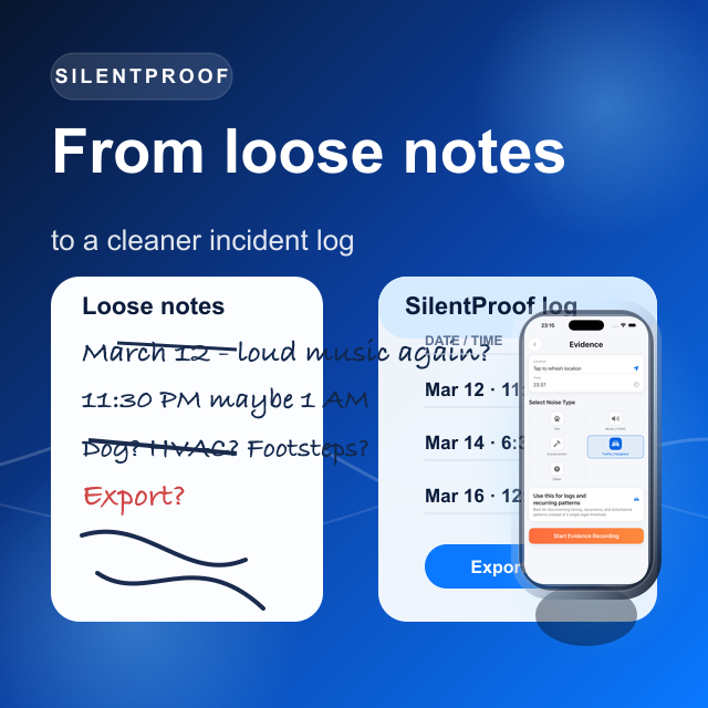 Side-by-side comparison of loose handwritten noise notes and a clearer SilentProof incident log