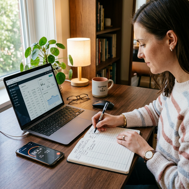 A person writing a structured noise incident log at their desk with a smartphone showing decibel readings