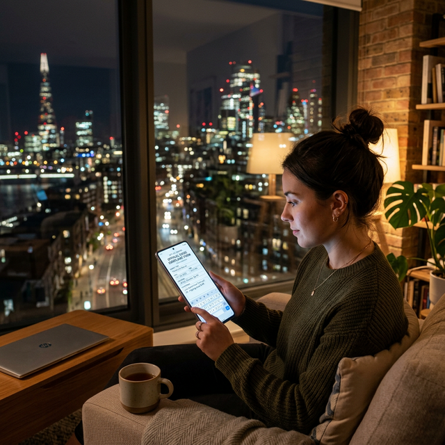 A person in a New York City apartment using a smartphone to file a digital noise complaint