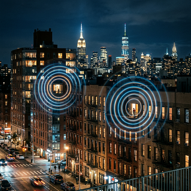 New York City apartment buildings at night with lit windows and sound waves, representing urban noise complaints