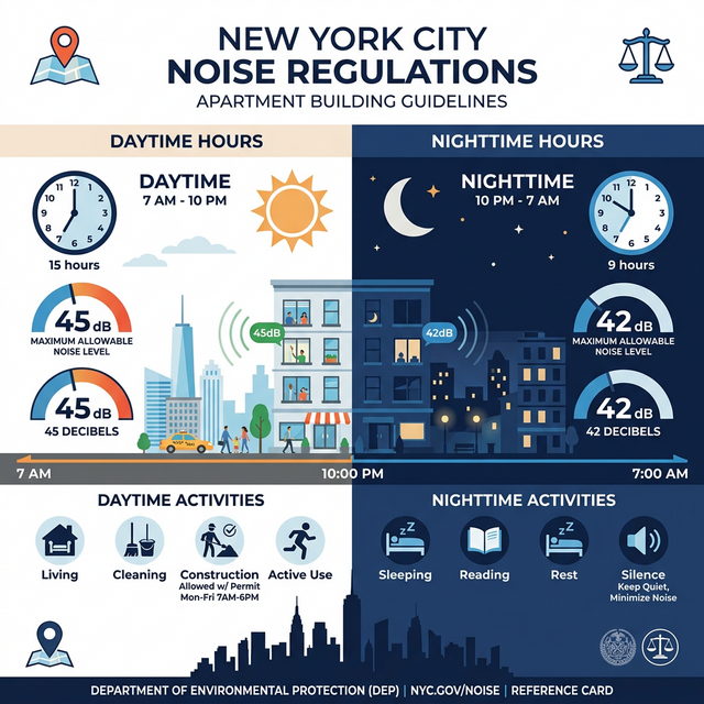 NYC noise code infographic showing daytime 45dB limit (7AM-10PM) and nighttime 42dB limit (10PM-7AM)
