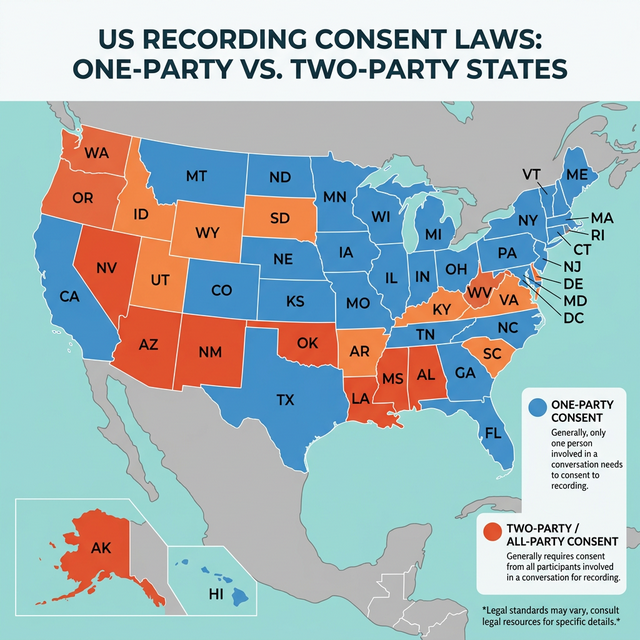 US map showing states colored in blue (one-party consent) and orange/red (two-party consent) for audio recording laws