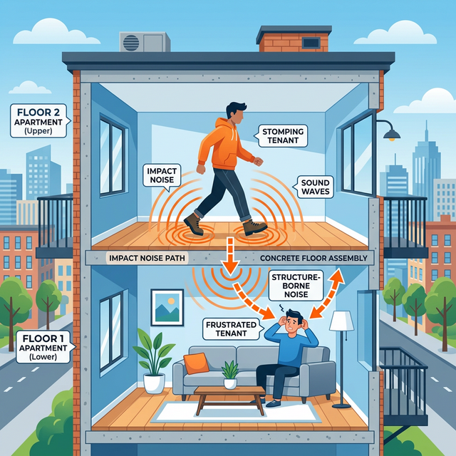 Apartment cross-section illustration showing upstairs neighbor sound waves transmitting downward to the frustrated tenant below